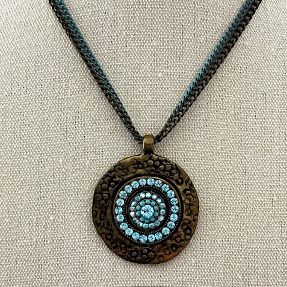 SADE Design Medallion Necklace Statement Rhinestone Bronze Aqua Blue Sparkle